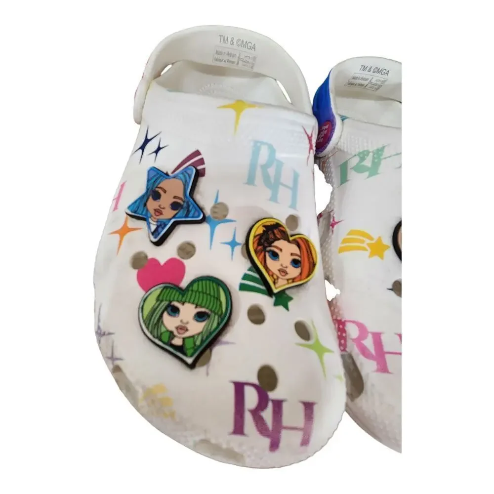 Crocs‎ Rainbow High Clogs Kids Size J3 White Multi Color Star Print Charms